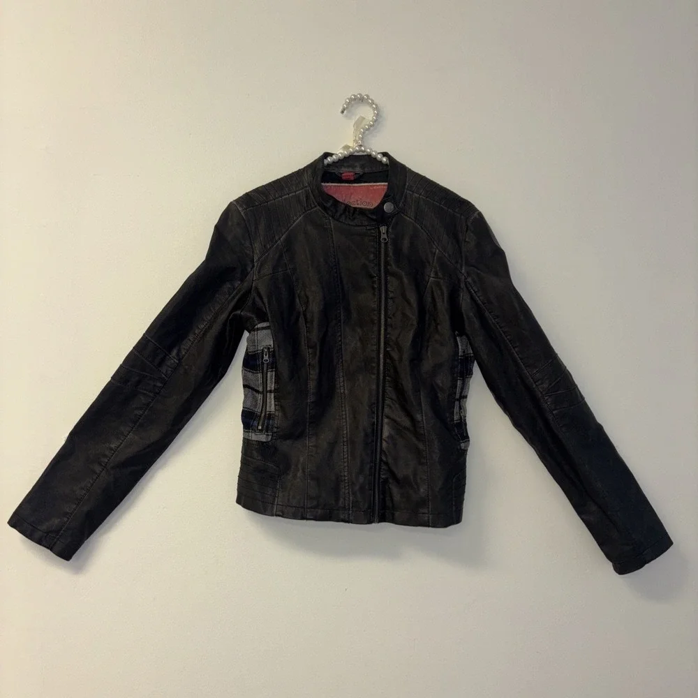 Womens Vegan Leather Jacket Sz L Plaid Vtg Classic Coat Y2K Art To Wear Winter